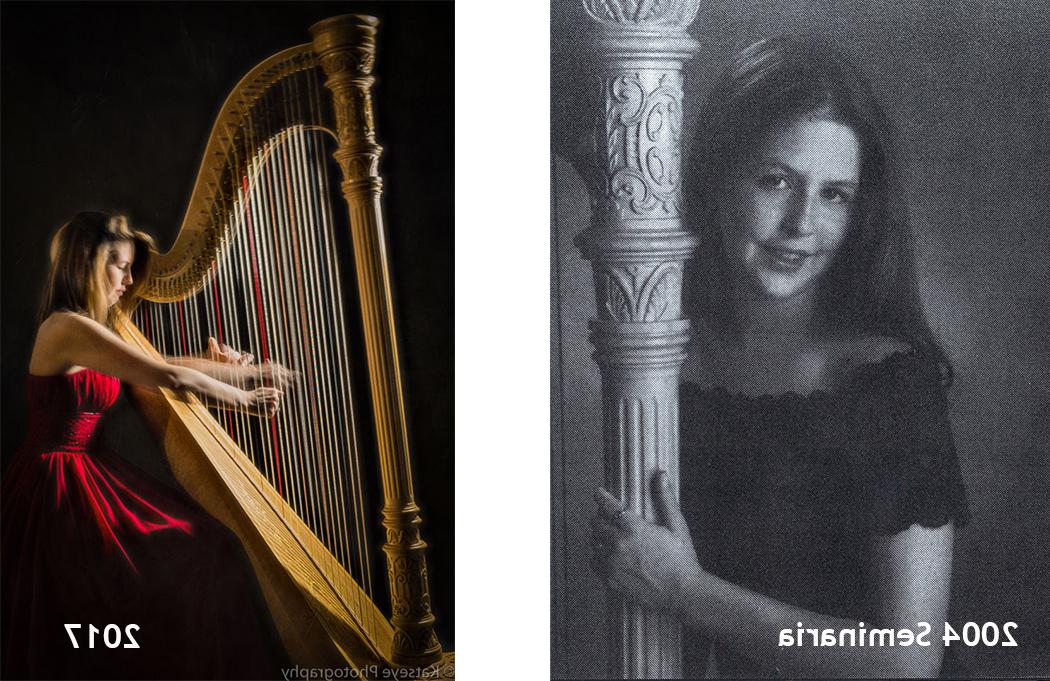 凯西的照片来自2004年的神学院年鉴和2017年的竖琴表演